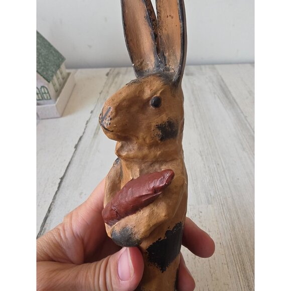 Shabby chic Easter bunny rabbit statue figurine carrot vtg style stands - Picture 2 of 9